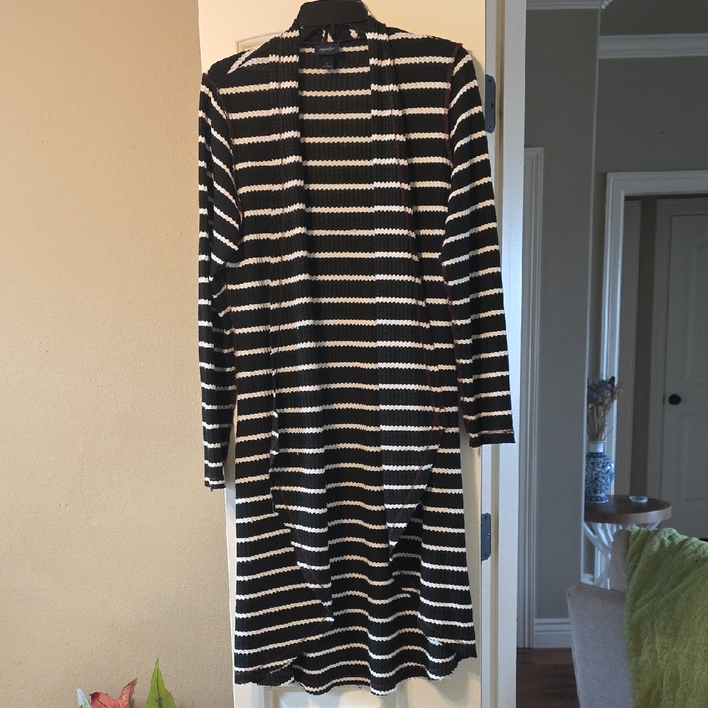Daytrip Black and White Striped With Red Stitching Cardigan